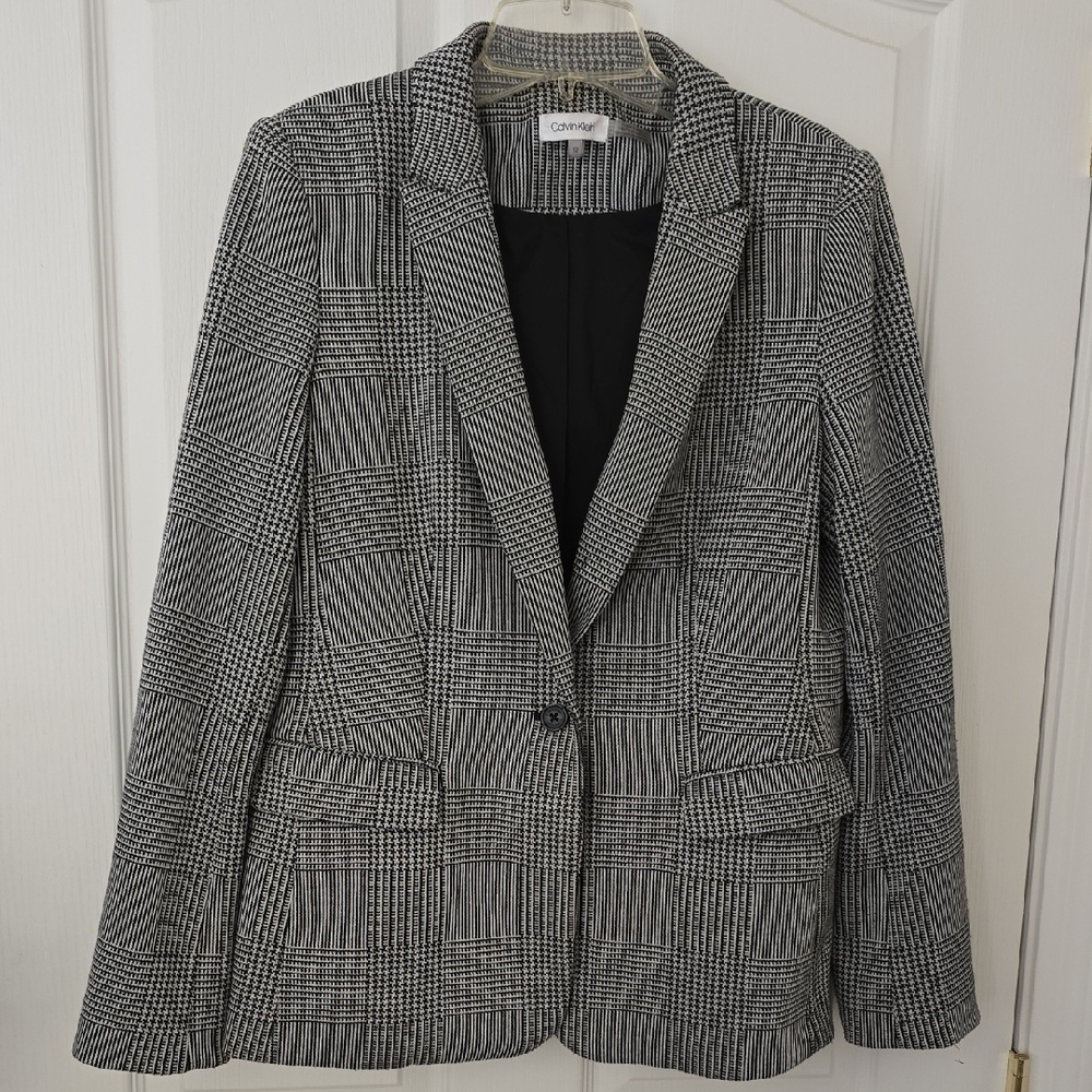 Calvin Klein ‎ Blazer Sz 12 Black & White Checkered Plaid With Lining And Pocket
